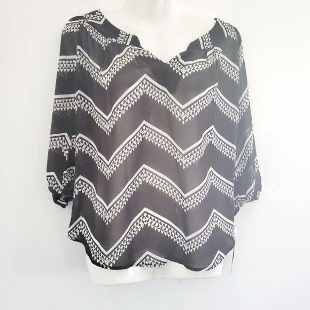 Takara Chevron Sheer Blouse Black White Small